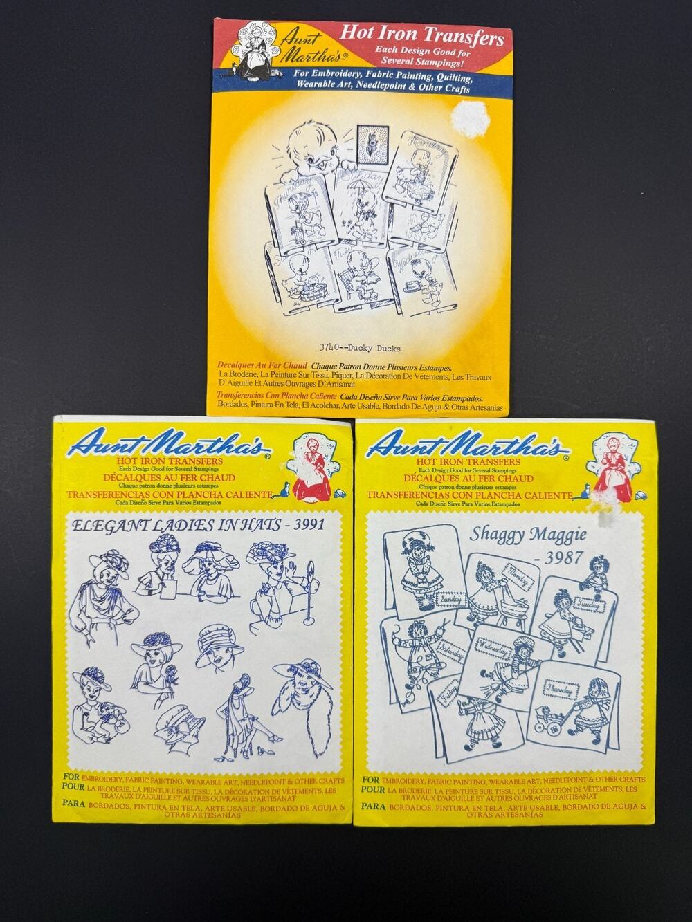 Lot of 3 Aunt Martha's Hot Iron Transfers Sealed Ducks Ladies Hats Shaggy Maggie